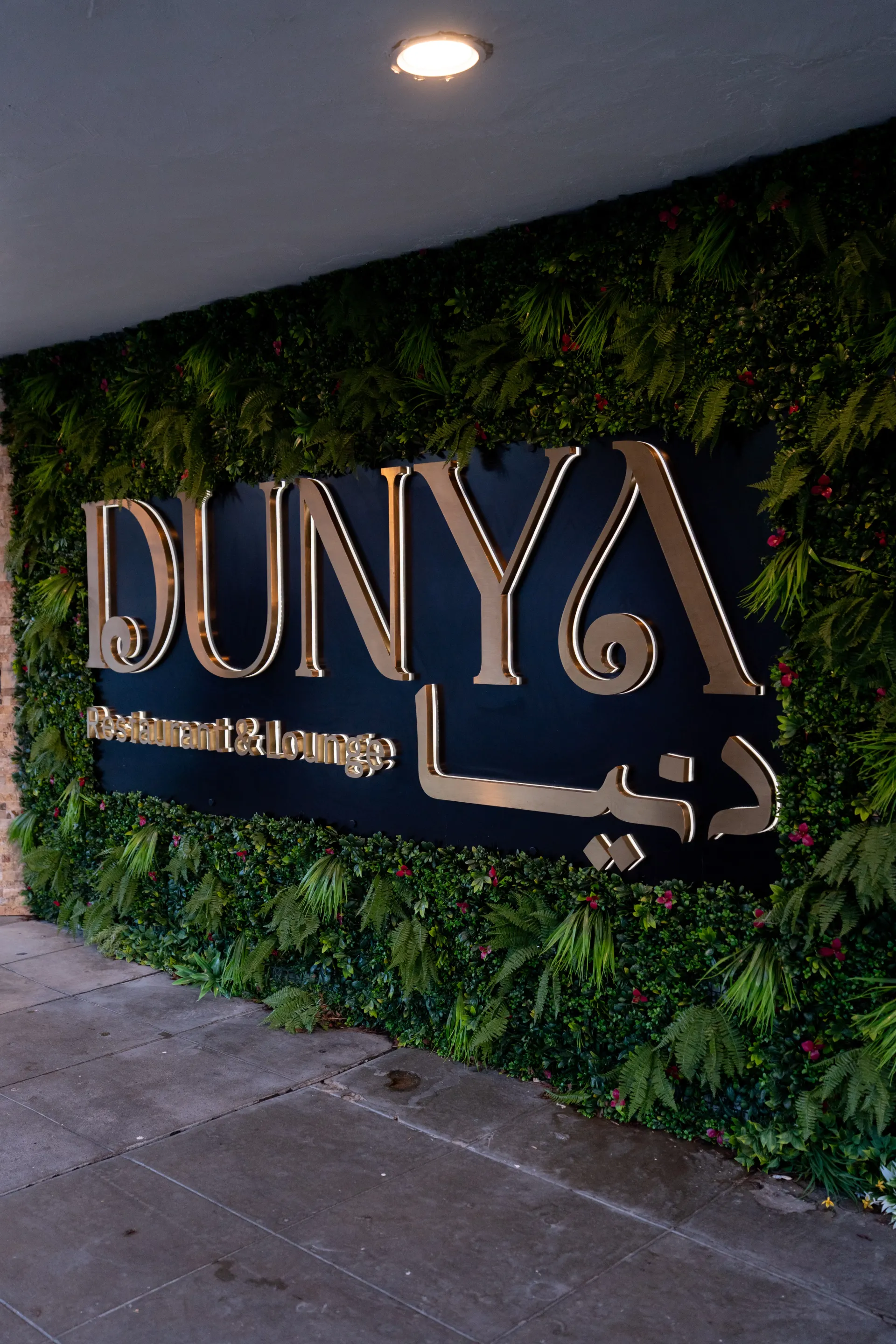 DUNYA neon sign set into the lounge's greenery wall